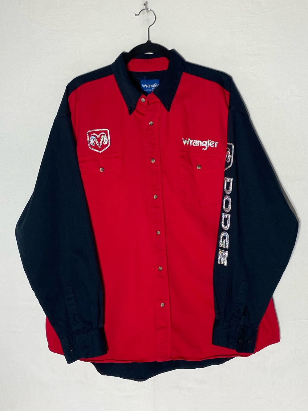 Vintage Wrangler Dodge Rodeo Hologram Logo Red Black Long Sleeve Shirt XL